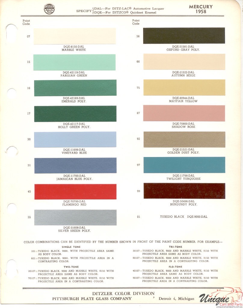 1958 Mercury Paint Charts PPG